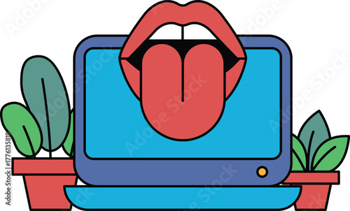A computer monitor with a tongue sticking out