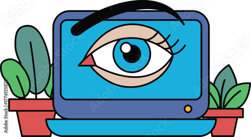 A cartoon drawing of a computer monitor with a blue eye on it