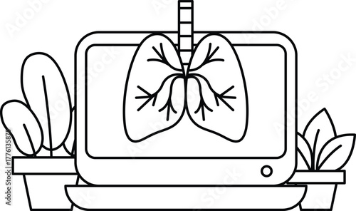 A black and white drawing of a lung with a tube coming out of it