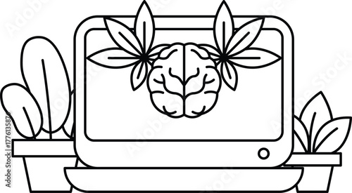 A computer monitor with a brain on it is surrounded by plants