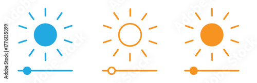 Brightness control icon. Brightness and contrast level adjustment icons. Brightness slider level control icon