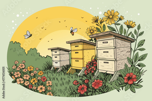 Bee farm with wooden hives amidst vibrant flowers.