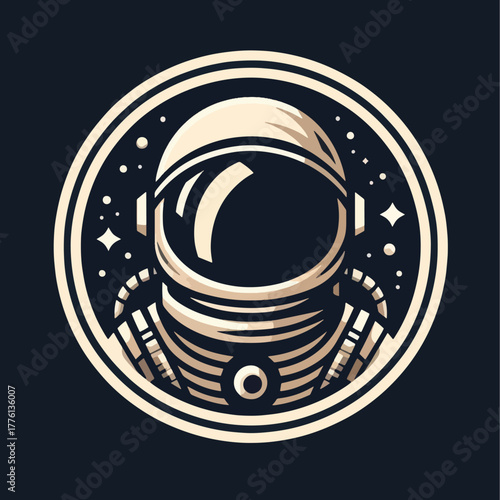 Astronaut in space suit inside a circular frame with stars.