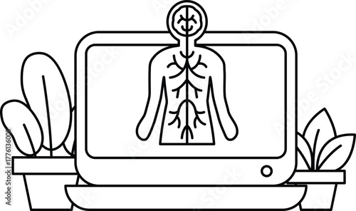 A black and white drawing of a human body with a computer monitor showing the im