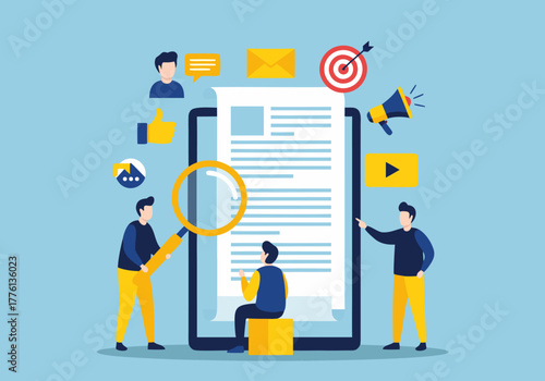 Conceptual business illustration of a team analyzing digital content for a successful online business marketing strategy