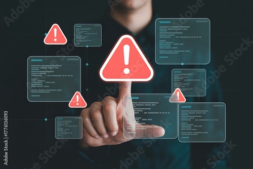 System warning alert on virtual interface with hand interaction. Concept of cybersecurity risk, data breach, malware, hacking, IT failure, and digital system vulnerability in modern technology.