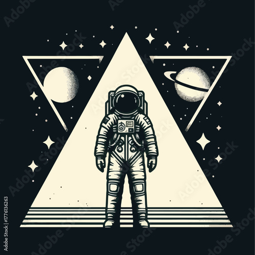 Astronaut in Space Suit Standing Before a Cosmic Triangle.
