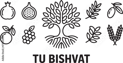Tu Bishvat jewish arbor day line icons set seven species outline collection holiday symbols