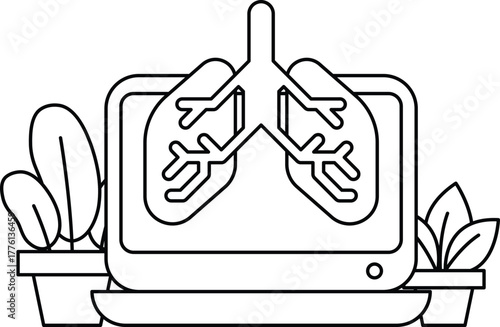 A computer monitor with a drawing of lungs on it