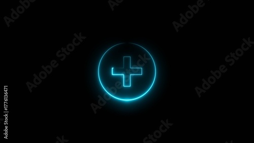 Glowing neon plus icon illustration, on black background. First aid icon background.