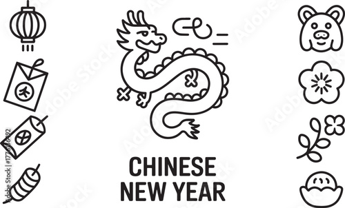 Chinese New Year Dragon Lantern Plum Blossom Pig Head Steamed Bun Line Icons Vector
