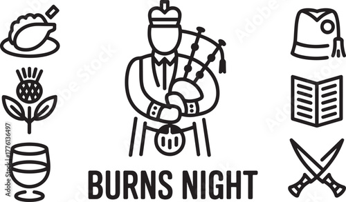 Burns Night Icons Scottish Celebration Bagpiper Haggis Thistle Book Swords Hat Outline Vector