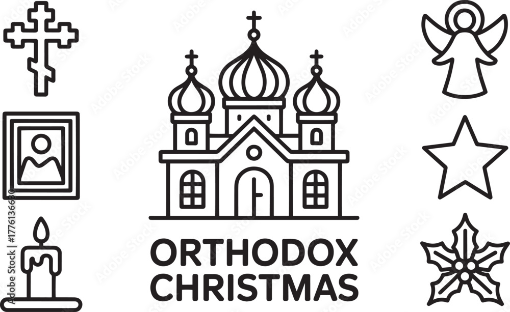 Fototapeta premium Orthodox Feast Icons Eastern Religion Church Dome Icon Candle Angel Star Outline Vector Set