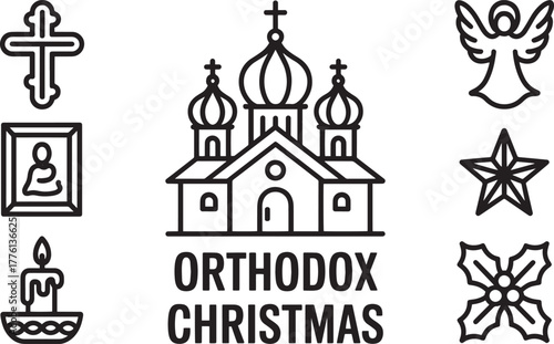 Orthodox Religious Holiday Icons Eastern Church Saint Candle Angel Holly Outline Vector Graphic