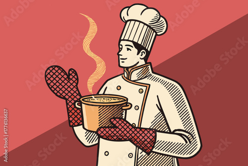 Chef with steaming pot, oven mitts, flat lay.