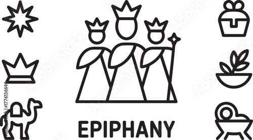 Three Kings Epiphany Wise Men Icons Set Outline Crown Camel Star Christian Symbols