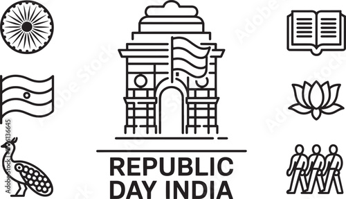 Republic Day India patriotic parade event vector outline icon set national symbols collection