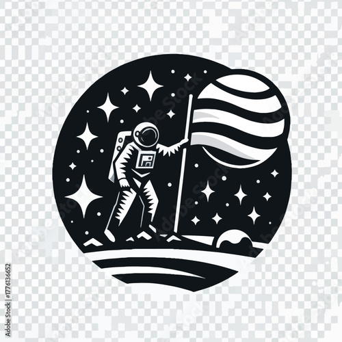 Astronaut planting flag on moon surrounded by stars and planet.