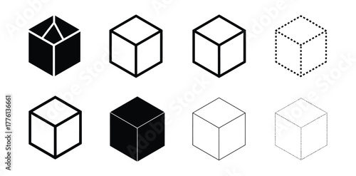 Cube shapes in 3D projection. Isometric squares isolated on white background. Geometric cubic forms with 3 sides. Ice or sugar bricks, boxes or containers silhouettes. Vector graphic illustration.
