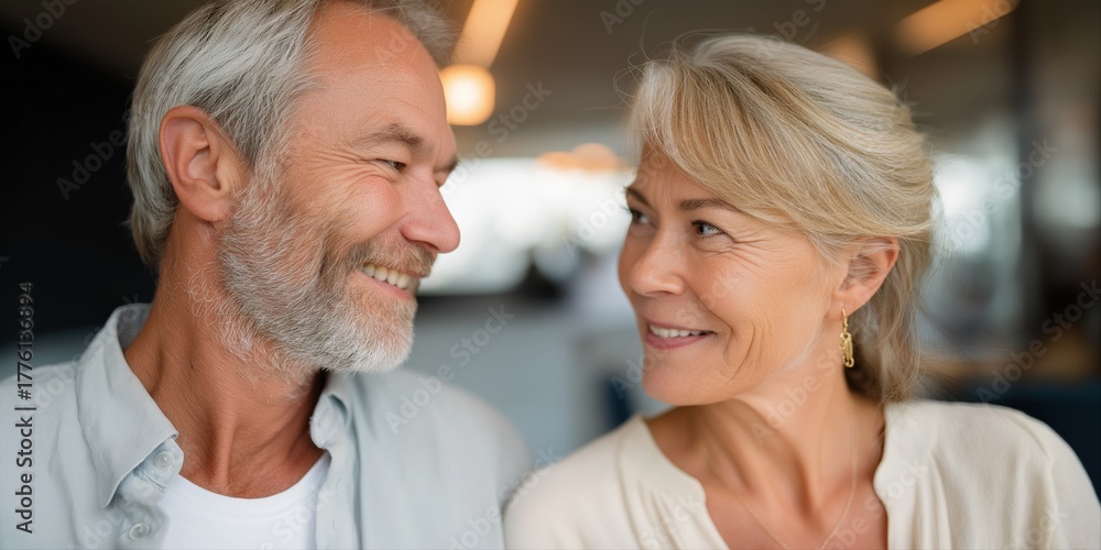 Obraz premium Happy elderly caucasian couple smiling at each other indoors