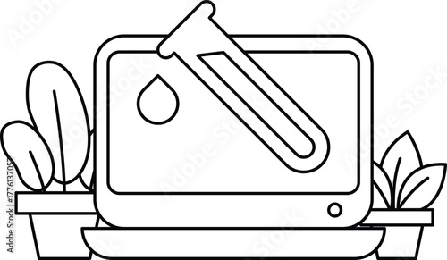 A black and white drawing of a laptop with a test tube and a dropper on it