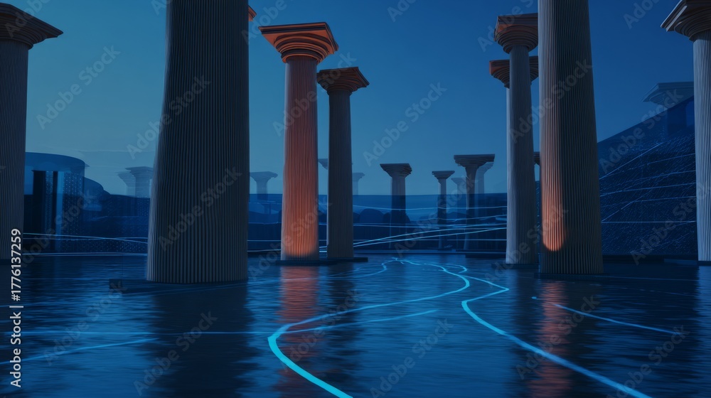 Naklejka premium atlantean. Submerged Atlantean cityscapes with ancient glowing migration paths beneath rippling water. travel magazines, destination branding, designed for outdoor magazines and nature guides. 