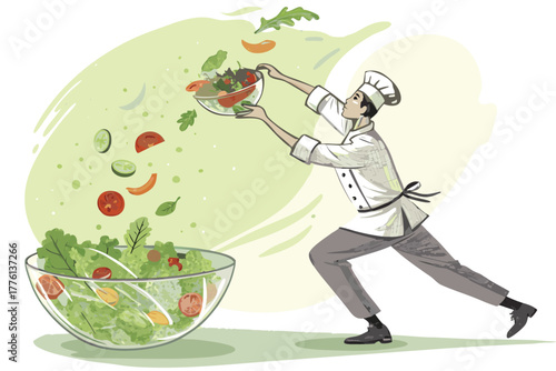 Chef tossing salad in a clean, well-lit, glass bowl.