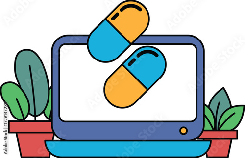 A computer monitor with two pills on it