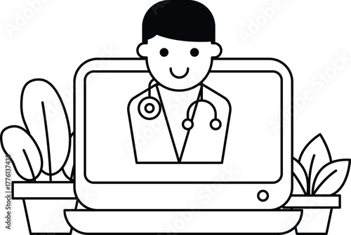 A man in a white coat is sitting in front of a computer screen