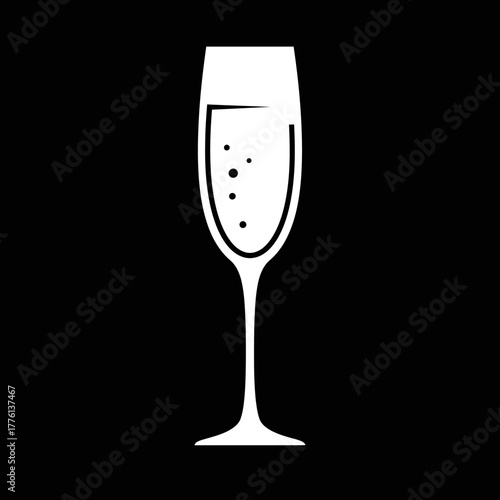 A minimalist white silhouette of a champagne flute filled with bubbly liquid on a black background.