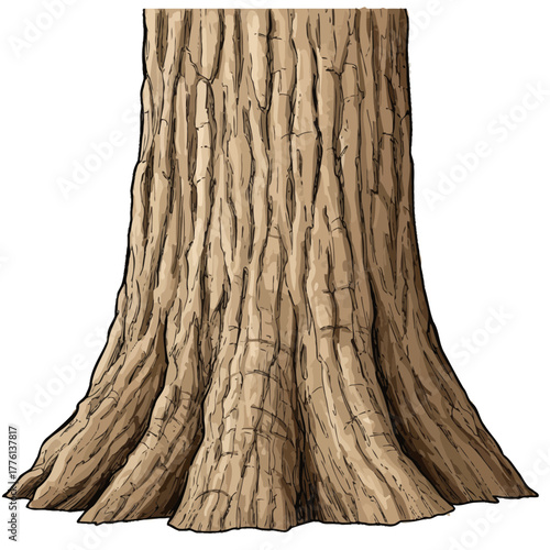 A detailed illustration of the base of a large, old tree trunk with prominent roots.