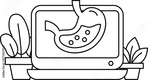 A computer monitor shows a picture of a stomach