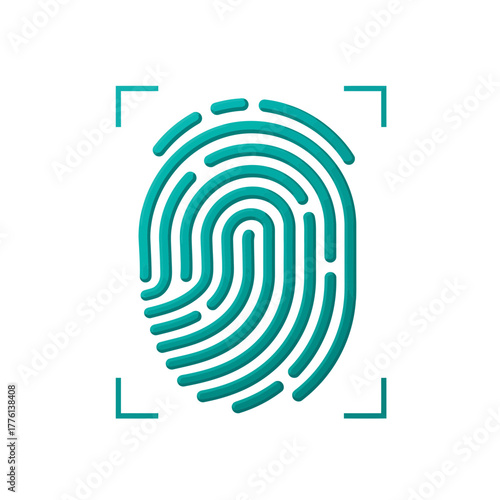 A teal fingerprint scan icon is displayed within a square scanner frame, symbolizing biometric identification and security.