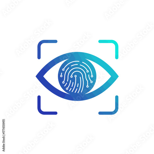 Digital eye scan with fingerprint integrated into the iris for biometric identification.