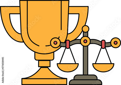 A golden trophy is placed next to a pair of scales