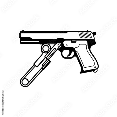 A black and white illustration of a handgun with an extended barrel and a folding stock mechanism.
