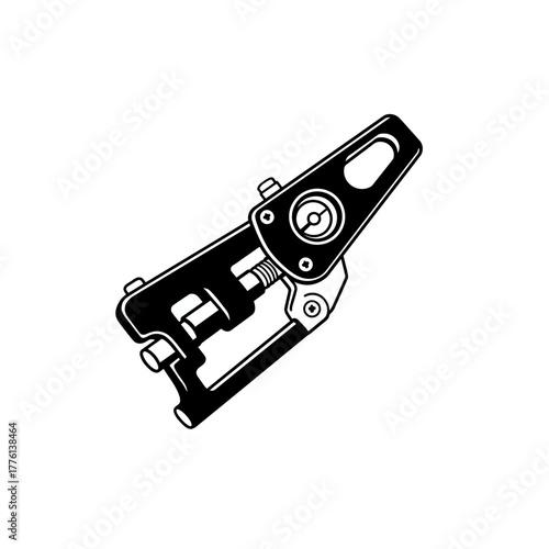 A black and white illustration of a mechanical device with a carabiner clip and a dial.