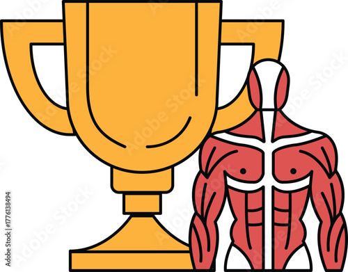 A trophy is shown next to a muscular man