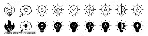 Idea lightbulb icon set. Creativity, innovation logotypes. Lamp symbol. Vector illustration.