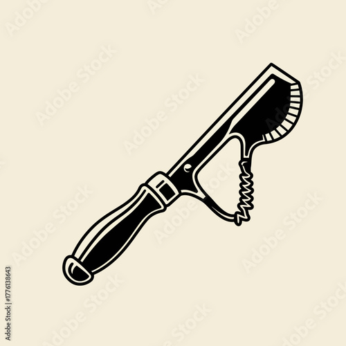 A stylized illustration of a black and white kitchen peeler with a curved blade and a spring-loaded handle.