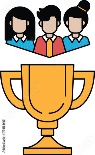 A group of people are standing around a trophy