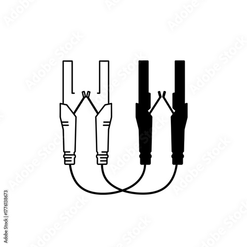 Illustration of two pairs of jumper cables with alligator clips, one pair outlined and the other filled in black.