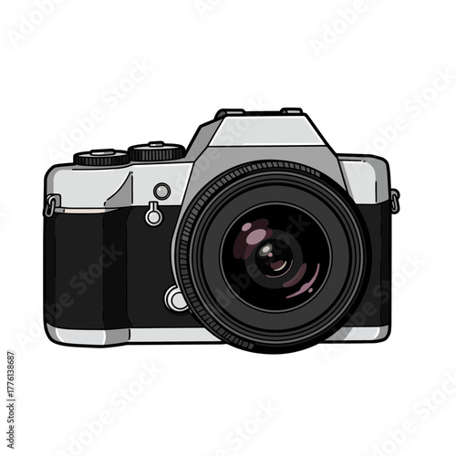 A detailed illustration of a modern digital camera with a large lens, showcasing its intricate design and components.