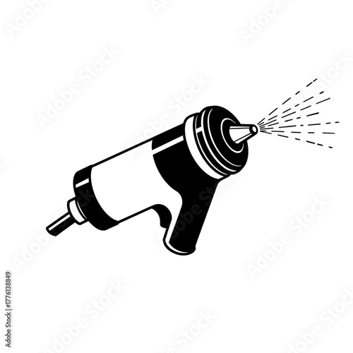 Illustration of a black and white spray gun emitting a fine mist of liquid.