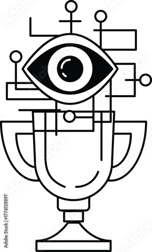 A black and white drawing of an eye with a trophy in front of it