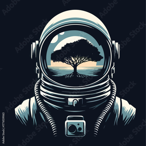Surreal illustration of an astronaut with a tree reflection in the visor.
