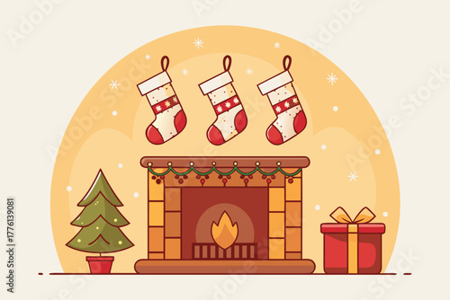 Festive Christmas socks on a mantelpiece glowing warmly.