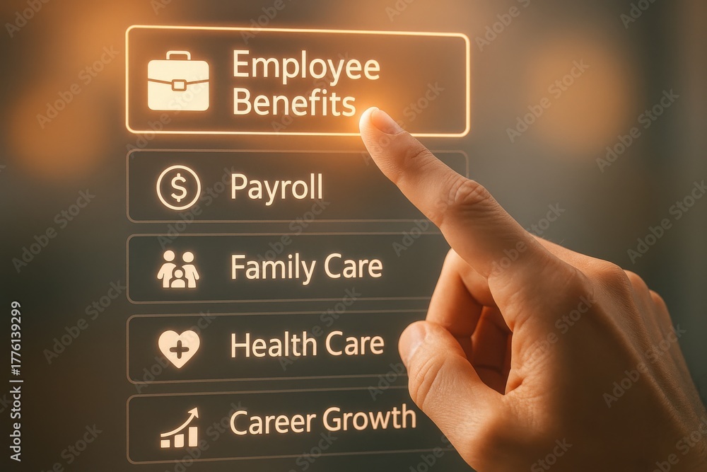 Obraz premium Hand Selecting Employee Benefits Options on Digital Screen Touching Icon with Glowing Effect