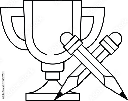 A cup and two pencils are shown in a black and white drawing