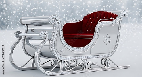 Elegant silver sleigh with red velvet interior awaits in a snowy winter wonderland.